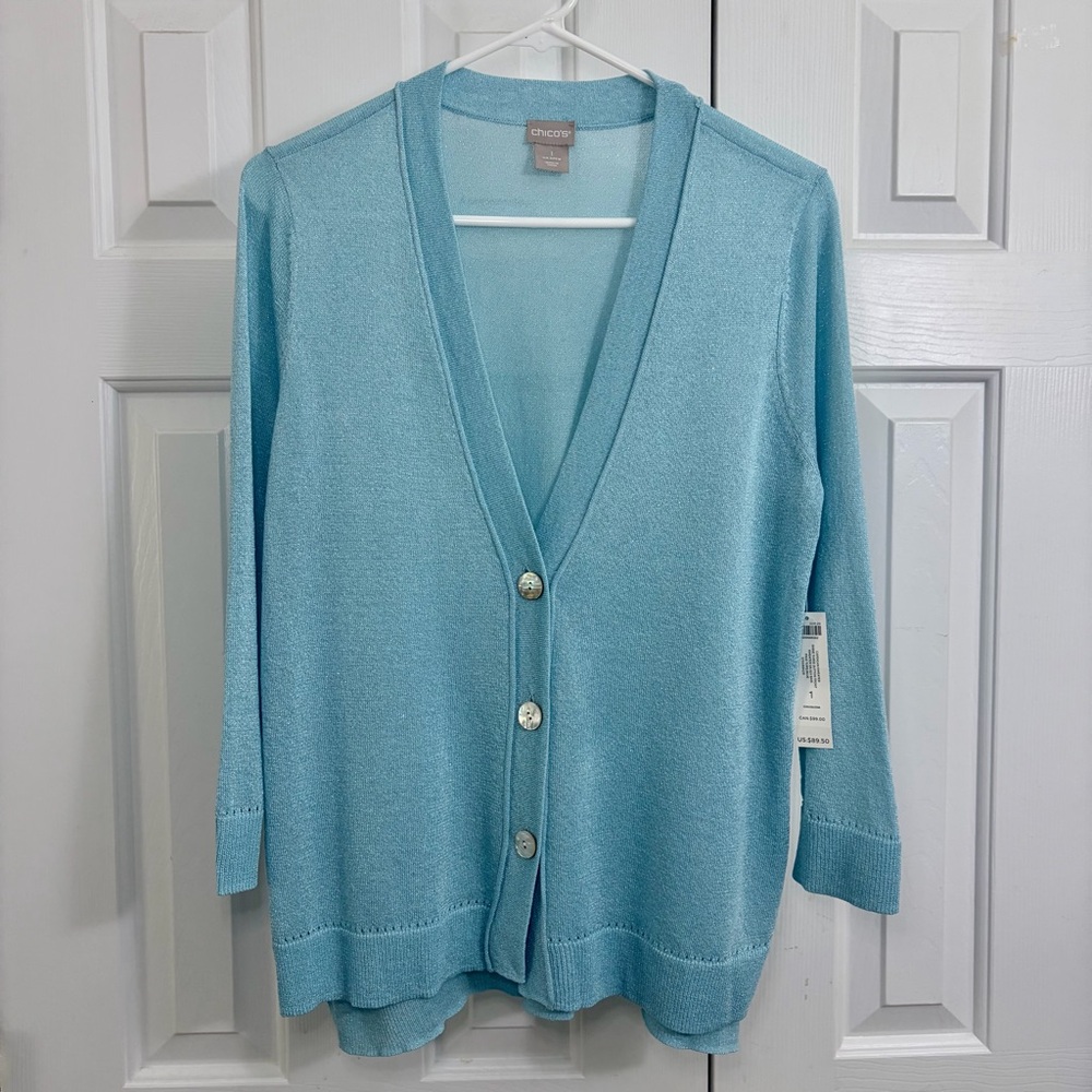 NWT New Chico's Sky Blue Shimmer Lightweight Button-Up Cardigan Sweater Medium